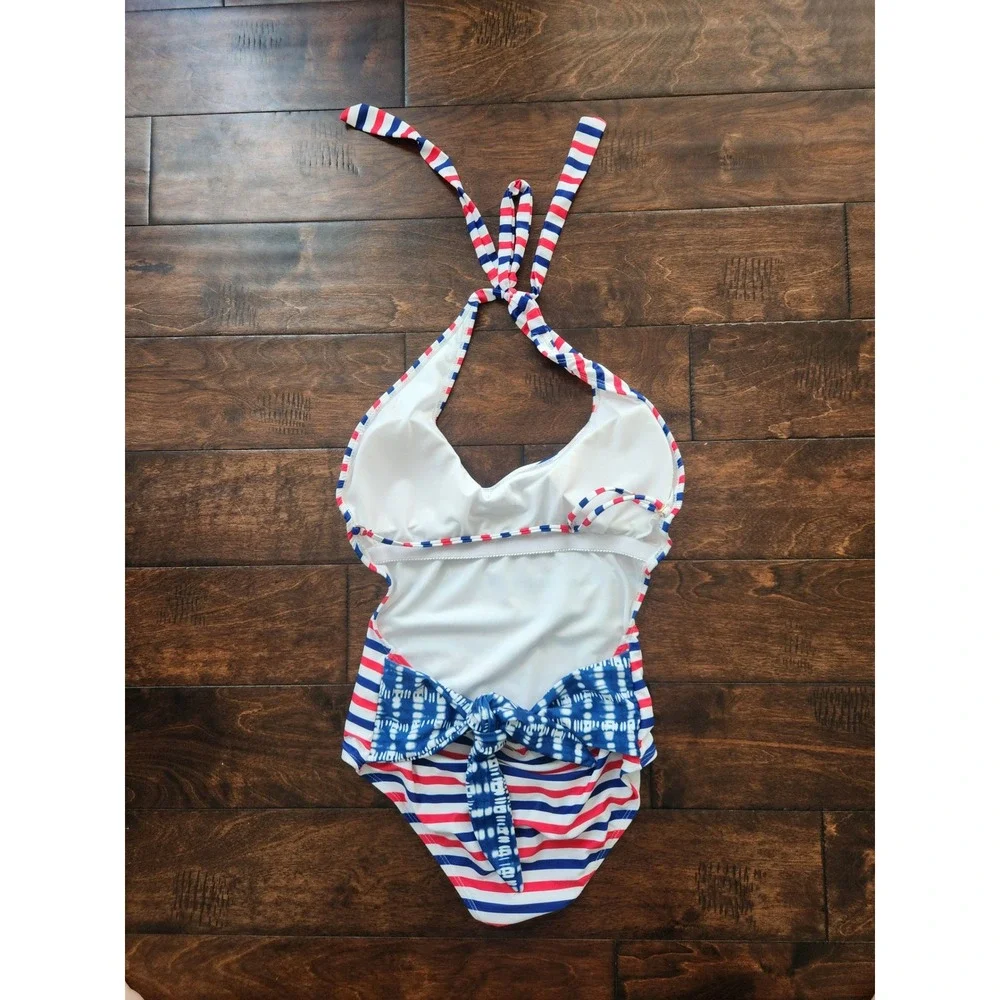 Stevie Hender America Striped Halter One Piece Swimsuit Size: M
